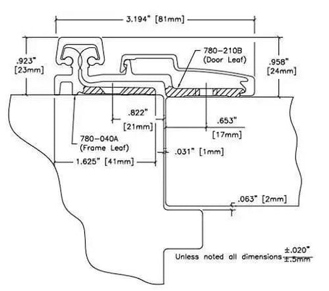 Technical drawing of 780210HD Series Aluminum Beefy Heavy Duty Fire Rated Roton Continuous Geared Hinges with dimensions.