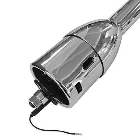 Close-up of a 32 Inch Stainless Steel Tilt Steering Column With 9 Hole Wheel Adapter No Key, highlighting polished finish and adapter connection.