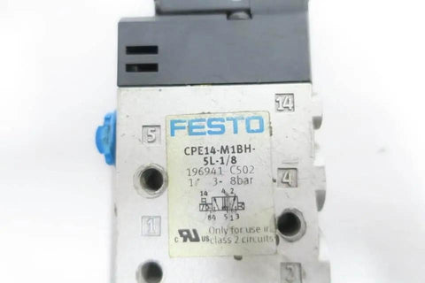 Close-up of Festo CPE14-M1BH-5L compatible 1/8 inch pneumatic solenoid valve, showing 24V DC 8 bar specifications for industrial systems.