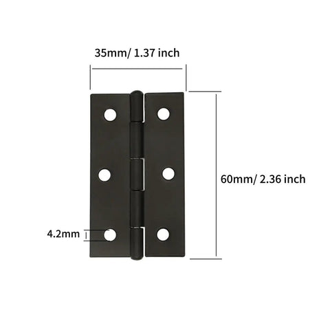 Front view of black 2.4 inch 60x35mm folding iron butt hinge from 16 Pack Folding Iron Butt Hinges For Doors Cabinets And Drawers Black Finish With Screws 2.4 Inch 60x35mm Heavy Duty Hinge Set Easy Install Keeps Doors Solid And Quiet Ideal Hardware For Furniture Projects