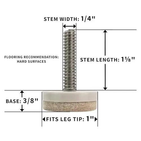 4 Pack 1 Inch Threaded Felt Furniture Glides with Adjustable Feet diagram showing dimensions and thread details for hard surfaces.
