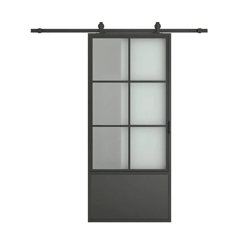 30 Inch By 84 Inch Frosted Glass Barn Door With Black Steel Frame And Three Quarter Lite Panels Ships Fully Preassembled
