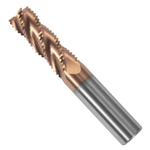 Rugged One Quarter Inch Carbide Roughing End Mill From Sisona With Four Flutes, Two And A Half Inch Overall Length, One Quarter Inch Shank, TiN Coated Tungsten Carbide For Alloy Steels And Hardened Steels, High Heat Resistance And Fast Material Removal