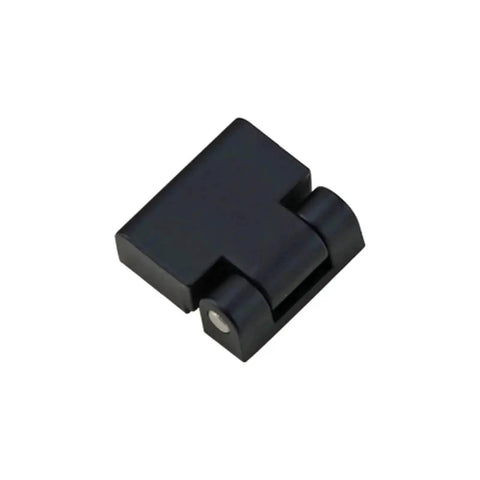 Close-up of zinc alloy damping hinge for cabinet doors, black finish, torque-adjustable pivot, 1 pc