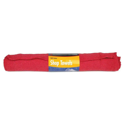 Rolled pack of red 14x14 inch cotton shop towels with label, fully hemmed, machine washable for auto shop, garage, and home use.