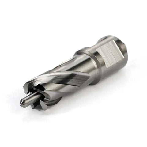 Front view of Powerful Five Eighths Inch Annular Cutter For Magnetic Drill Press One Inch Cutting Depth Three Quarter Inch Weldon Shank With Two Flats And Pilot Pin Cutting Diameter Five Eighths Inch Drills Large Holes Up To Ten Times Faster Oscarbide