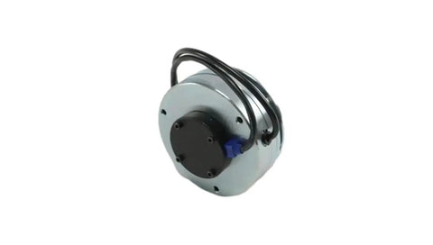 Angled-front view of a used forklift electromagnetic brake assembly; round silver housing with black end cap and blue connector.