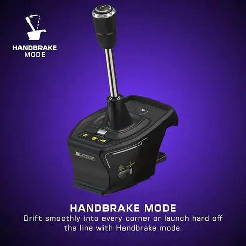 VelocityOne racing shifter and handbrake unit in black with chrome shift lever, front view