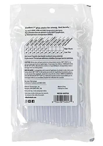 Package of Hot Glue Sticks Mini 4 Inch Clear 30 Pack Multi Temp Wood Metal Glass Fabric with product details.