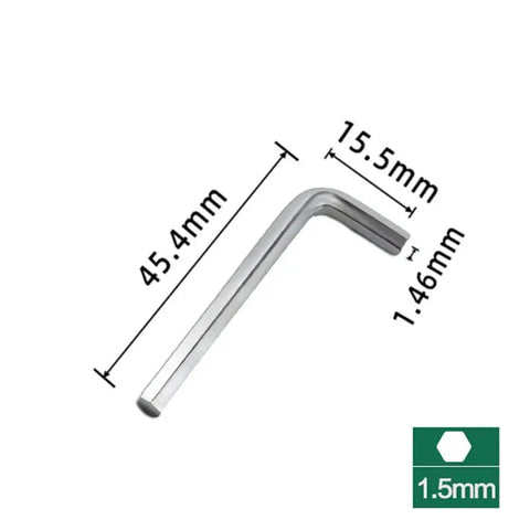 Four Piece Collet Wrench Kit For Dremel Rotary Tools showing stainless L-shaped Allen wrench dimensions, 1.5mm key size.
