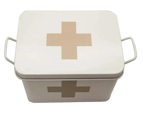 Retro Enameled First Aid Box With Lid And Removable Tray For Medicine Storage And Home Decor in milky white with tan cross.