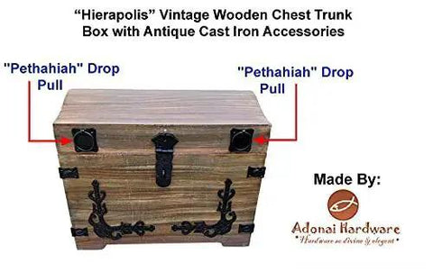 Pethahiah Antique Cast Iron Cabinet Ring Drop Pulls 2.5 Inch Matte Black 2 Pack on wooden chest trunk with iron accessories
