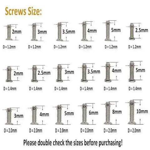 Diagram of screw sizes from 2mm to 10mm for Stainless Steel Silver Micro Screws Set for Glasses and Watches, Metric Tiny Screws M1.2 M1.4 M2.0