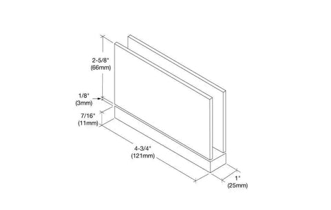 Technical drawing of Oil Rubbed Bronze Senior Cardiff Glass Door Hinge for 1/2 in glass, showing measurements and square corner design.