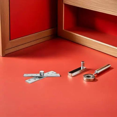 Six Pack CATIEBYE 360 Degree Rotation Stainless Steel Invisible Pivot Door Hinges for Wood Cabinets displayed on red surface