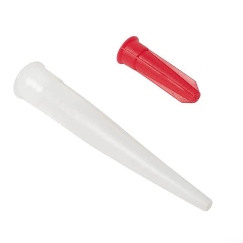 Silicone Cartridge Nozzle For Mastic Caulking Tool With Resealable Tube Cap, white nozzle and red cap on white background