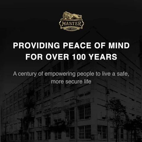 Master logo with text 'Providing Peace of Mind for Over 100 Years' over a black and white image of a historic building.