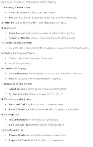 User guide outlining operation techniques for electric tapping, including steps for preparation, lubrication, and speed control.
