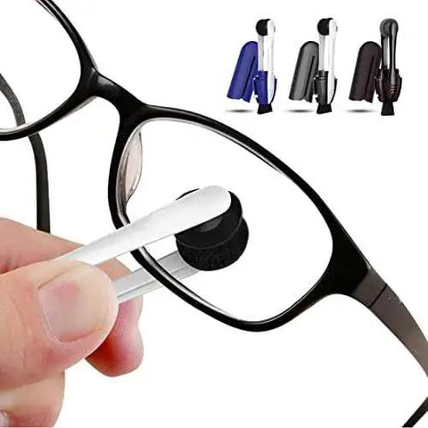 Portable Carbon Microfiber Eyeglass Cleaner 3 Pack With Sunglasses Brush in use cleaning eyeglasses with close-up view.