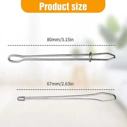 DIY Rope Threader Clip Set For Drawstrings And Elastic Cords With Tweezers 2 Pack Metal Sewing Tool, showing 80mm and 67mm sizes.