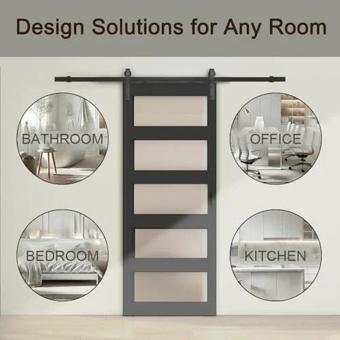 48 Inch By 84 Inch 5 Lite Tempered Frosted Glass Sliding Barn Door With Black Finish Composite Interior Hardware Kit And Rail System Left Or Right Mount Easy Assembly Dope Modern Farmhouse Vibe.