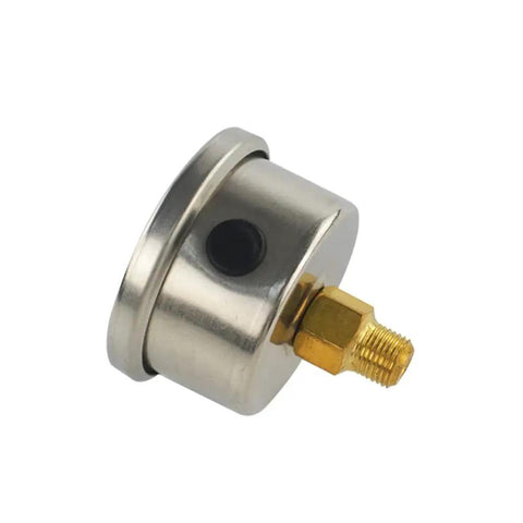 Side view of Universal Manual Inline Fuel Pressure Regulator Gauge Liquid Filled Adjustable Zero To One Hundred PSI with steel case.