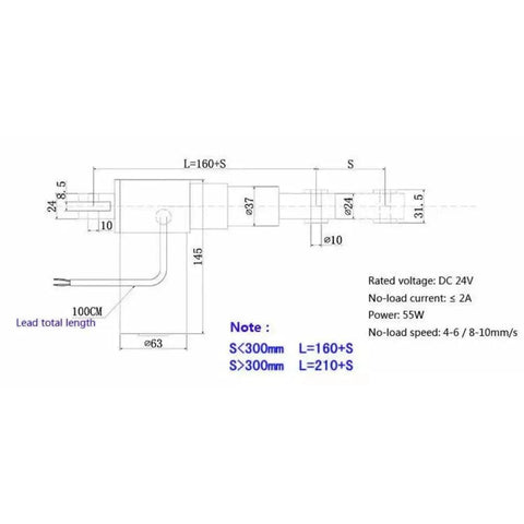 Technical diagram of Rugged Heavy Duty Electric Linear Actuator With 50 To 1200mm Stroke DC12V Or DC24V Motors, labeled dimensions