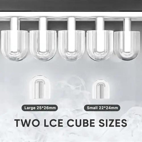 Close-up of two bullet ice cube sizes from Countertop Ice Maker With Handle 26 Lb 24H Portable 9 Bullet Ice Cubes.