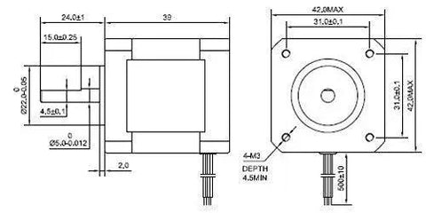 Technical diagram of High Torque Nema 17 Bipolar Stepper Motor For Dope 3D Printers And CNC Setups, 42x42x39mm dimensions