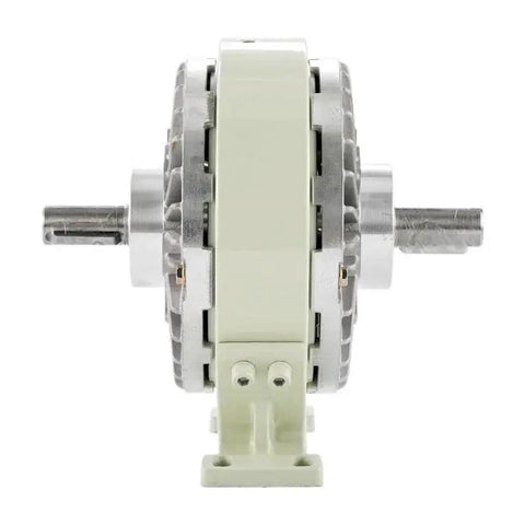 Side view of QOPIUYTRE magnetic powder clutch brake with base; cream housing and metal frame with dual shafts.