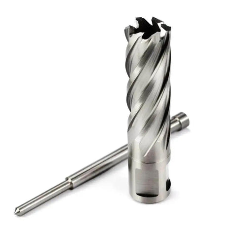Side view of a Heavy Duty Three Quarter Inch Annular Cutter For Magnetic Drill Press With Weldon Shank And Two Flat Pilot Pin Two Inch Depth Of Cut And Three Quarter Inch Cutting Diameter One Piece OSCARBIDE.