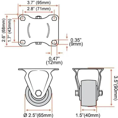 Diagram showing dimensions of 2.5 Inch Heavy Duty Polyurethane Caster Wheels Pack Of 4, Solid Core Low Profile Design, 2000 Lb Capacity.