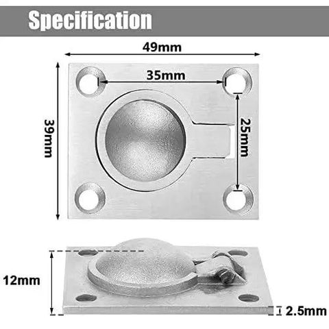 Two Pack Stainless Steel Flush Ring Pull Handles For Marine Hatches Cabinets And Doors Hidden Recessed Lifting Ring Pulls With Eight Screws 48mm By 38mm Durable Boat And RV Interior Hardware, image showing dimensions