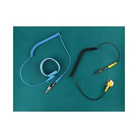 Anti Static Wrist Strap And Ground Mat Set For ESD Safe Phone Repair And Electronics Maintenance Includes Wrist Strap And Two Ground Cables For Desktop Or Workbench Use No Hassle No Fuss Quick Grounding For Pro Style Tech Work displayed on teal mat