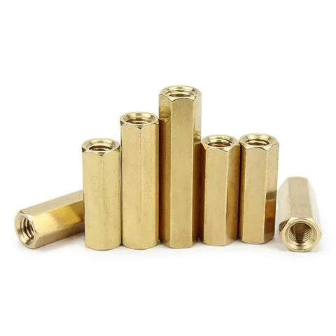Brass Double Through Female Threaded Hex Standoffs M6x20mm PCB Spacer Set of 5 arranged vertically