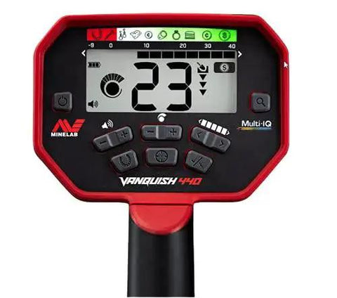 Display view of Vanquish 440 Multi Frequency Metal Detector With Multi IQ Technology For All Metals showing settings and controls.