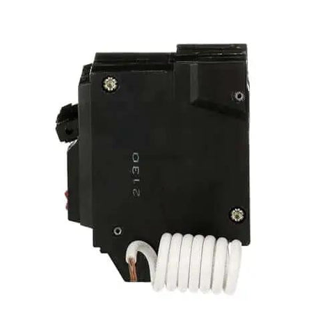Side view of THQL2130GFT 30A Double-Pole GFCI Circuit Breaker with coiled wire for 120/240 VAC, compatible with GE panels.