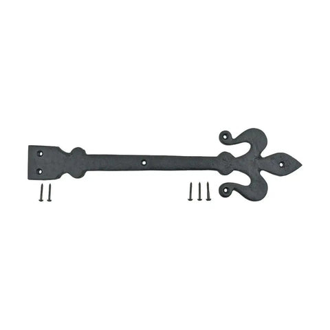 Fleur De Lis Wrought Iron Dummy Strap Hinge 16 Inch Black Decorative Hardware with screws for doors and cabinets