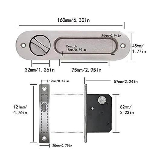 6.8 Inch Brushed Silver Privacy Pocket Door Lock Hardware With Invisible Recessed Handle Latch And Keys Sliding Door Mortise Lock For Left Or Right Doors Built To Last Zinc Alloy And Copper Core Anti Corrosion Dustproof with dimensions