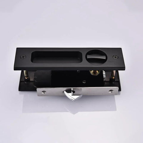 Sliding Barn Door Locks With Invisible Door Handle And Keys For Wood Pocket Doors Black Hardware, shown disassembled view