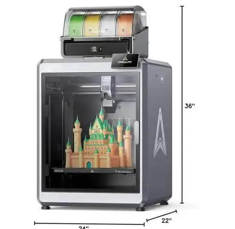 K2 Plus Combo 3D Printer With All New CFS Color System for multi color printing, featuring auto leveling and dual direct drive extruders.