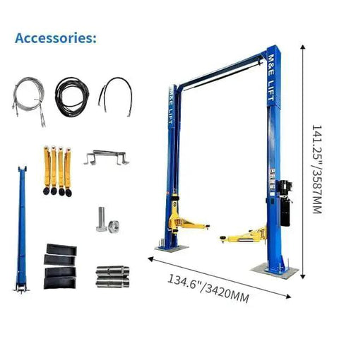 Front view of ME-LM110S blue two-post car lift with 11,000 lb capacity and yellow arms