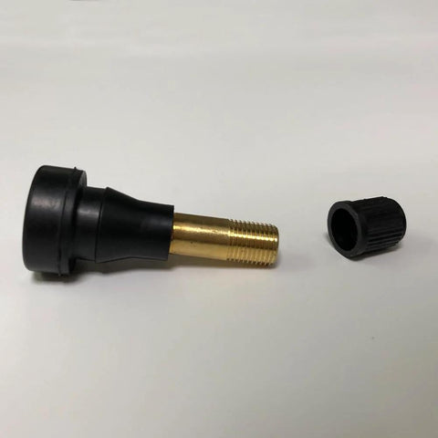 Brass high-pressure tire valve stem, side view, with black plastic base and cap for 0.453 inch rim holes.