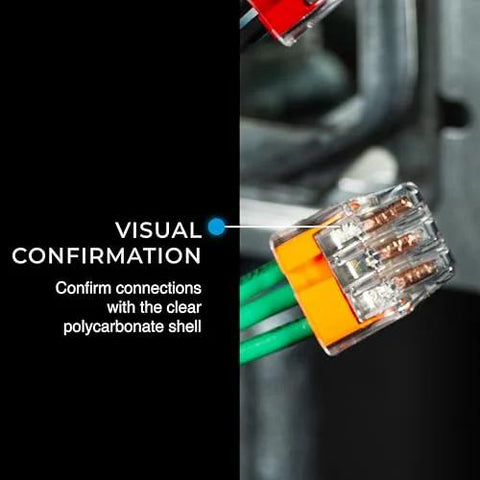 3-port push-in wire connector with orange translucent housing and green wires