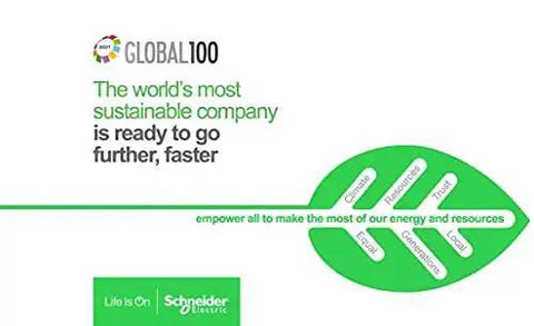 Global sustainability campaign image featuring a green leaf graphic with words like climate, trust, and Schneider Electric logo.