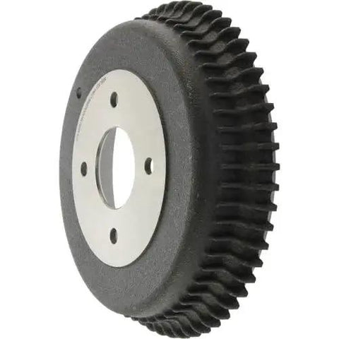 Centric rear brake drum with finned black outer surface and silver hub with four bolt holes