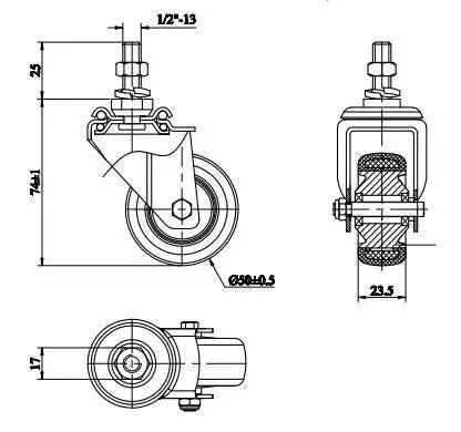 Technical diagram of Heavy Duty 2 Inch Stem Caster Wheels Set Of 4 With 1/2 Inch Threaded Post for shelving units.