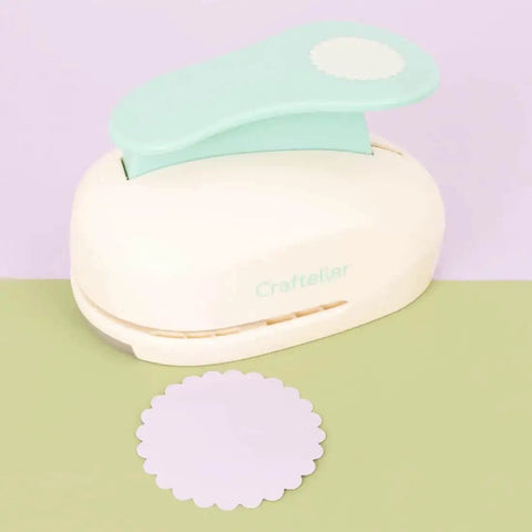 3 Inch Circle Scallop Punch With Easy Lever Press for Scrapbooking, DIY Cards and Journals, shown with a scalloped circle cutout