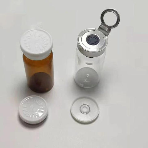 Front view of 10ml glass lab vial with flip-off aluminum cap, transparent borosilicate, empty sample vial