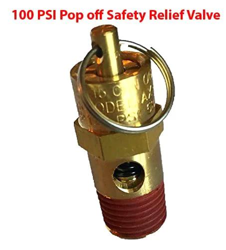 Air compressor relief valve, 1/4 in NPT, brass body with red threaded inlet, 100 PSI pop-off